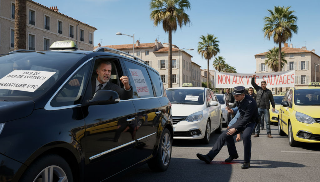 à marignane, un automobiliste frustré par la grève des taxis blesse accidentellement un policier en roulant sur son pied, suscitant une vive polémique.