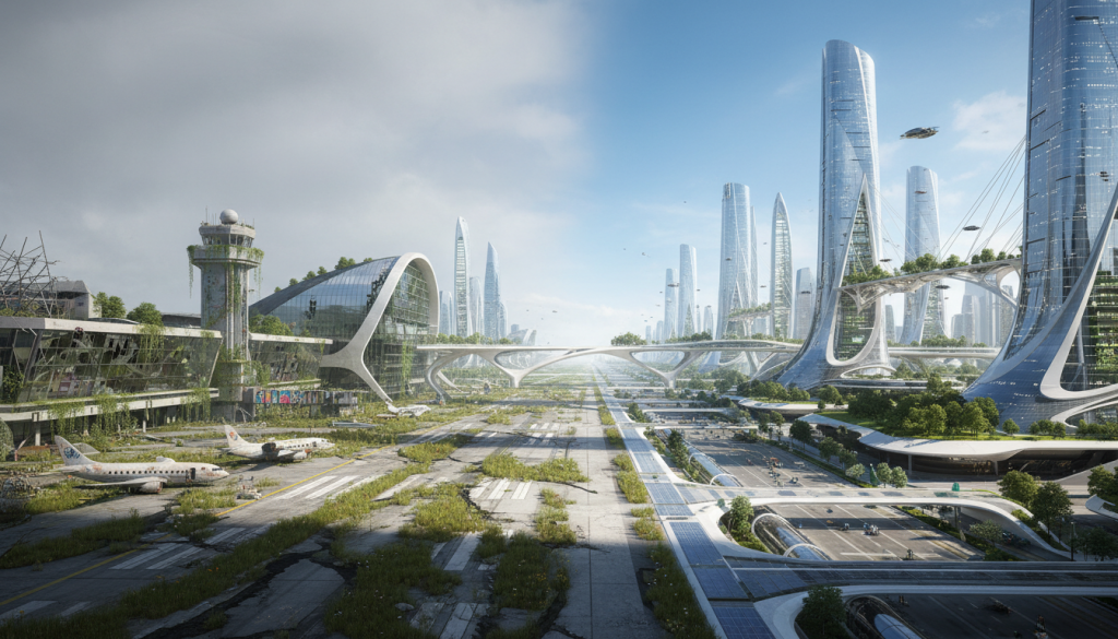 D&rsquo;un aéroport déserté à une cité futuriste : découvrez la métamorphose spectaculaire