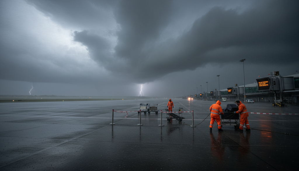 en raison de la tempête goretti, tous les vols à l'aéroport de brest seront suspendus à partir de 16 h ce jeudi. restez informé des dernières mises à jour et mesures prises pour votre sécurité.