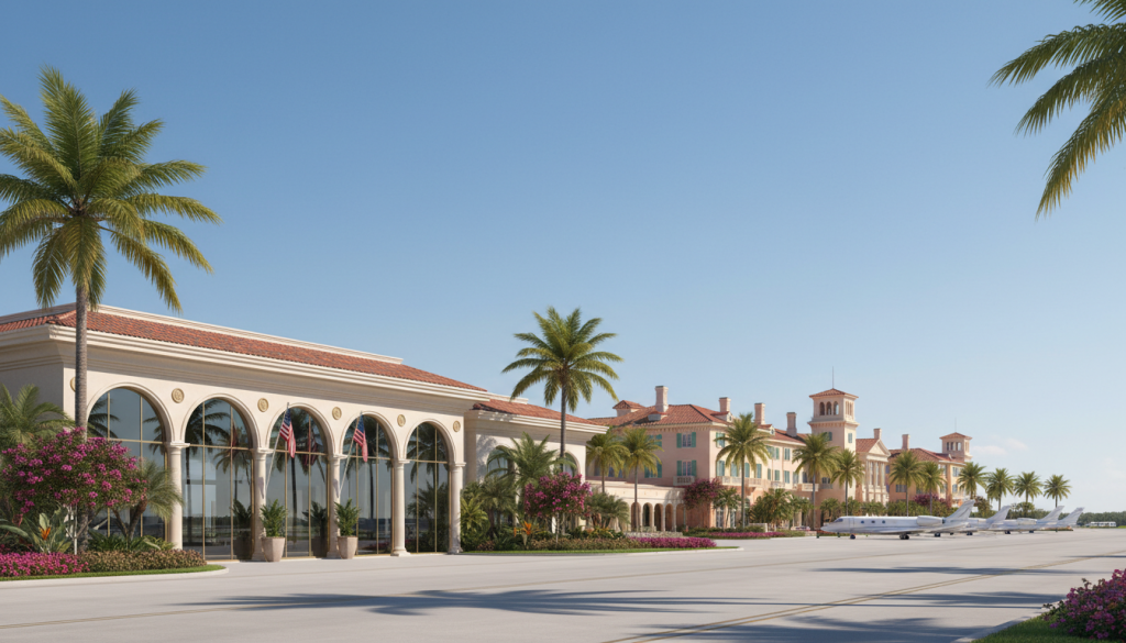 découvrez le rebaptême de l'aéroport de palm beach en 'president donald j. trump international airport', situé près du domaine floridien mar-a-lago.