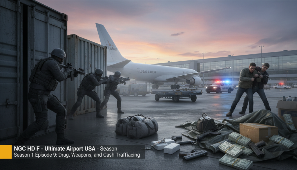 découvrez l'épisode 9 de la saison 1 de ngc hd f - ultimate airport usa, où les équipes luttent contre le trafic de drogues, d'armes et d'argent liquide dans un aéroport ultra sécurisé.