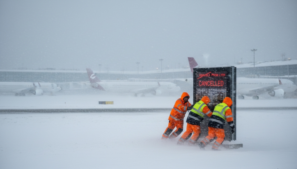 une tempête de neige perturbe l'aéroport de francfort, entraînant l'annulation à la dernière minute des vols en provenance de lyon. suivez les mises à jour en temps réel.