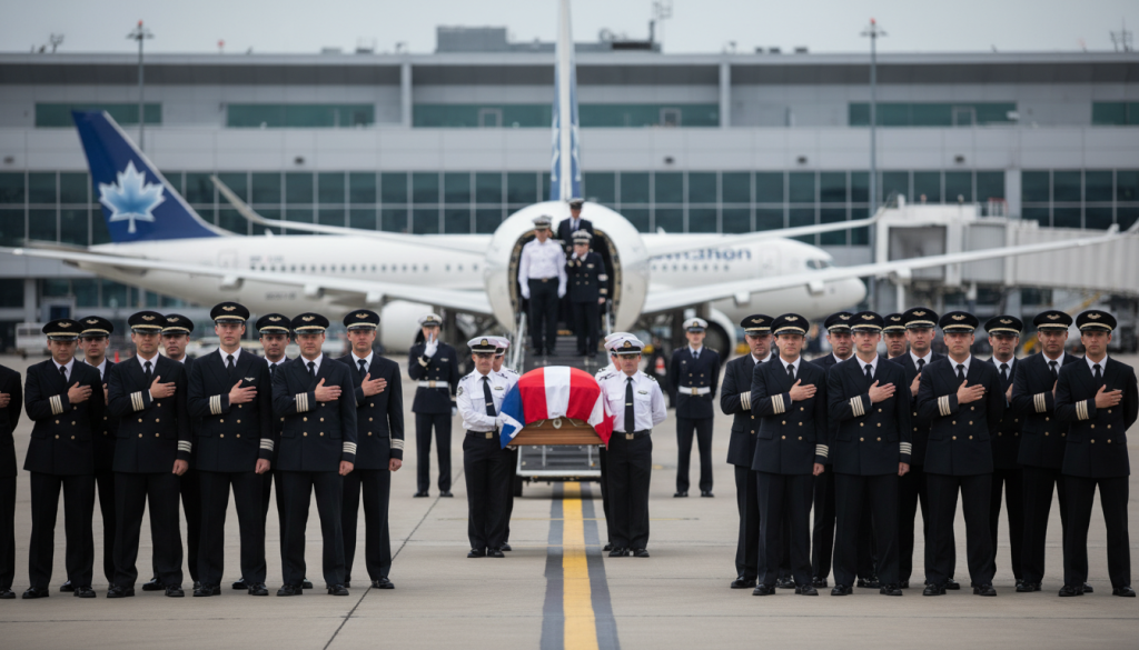 à l'aéroport montréal-trudeau, des pilotes se mobilisent pour le retour solennel du corps d'antoine forest, un hommage émouvant et respectueux.