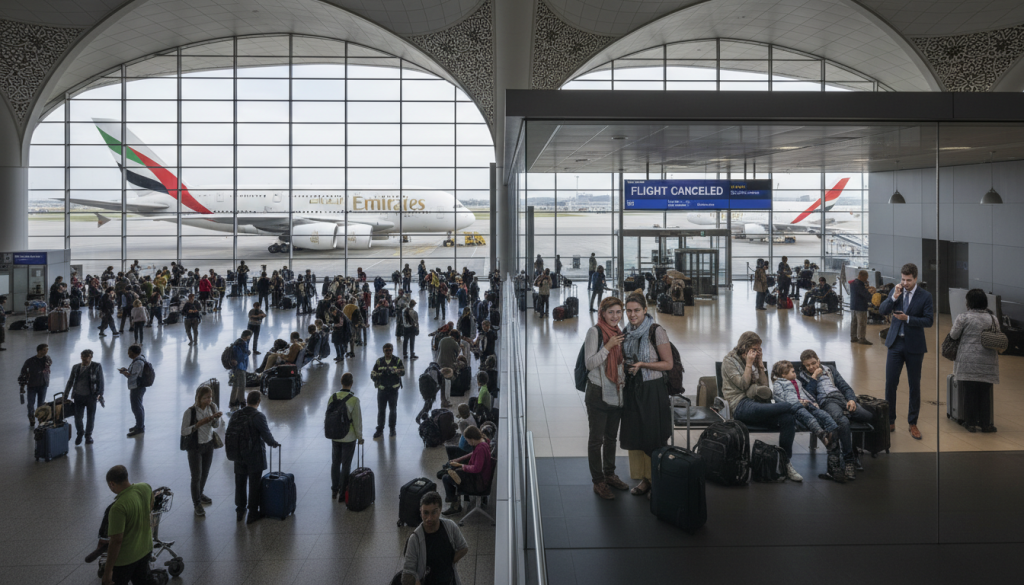 découvrez les conséquences du conflit en iran avec l'aéroport de dubaï ciblé, provoquant le blocage d'un vol emirates et de ses passagers à lyon. suivez les dernières informations et impacts sur le trafic aérien.