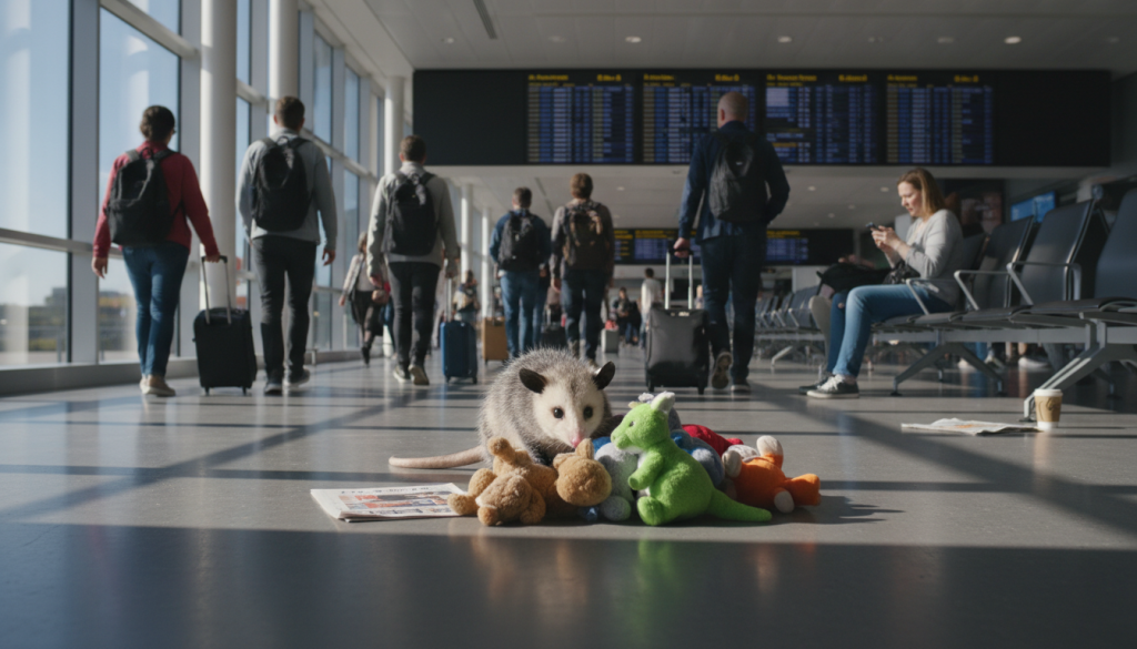 En Australie, un opossum joue à cache-cache parmi les peluches dans un aéroport