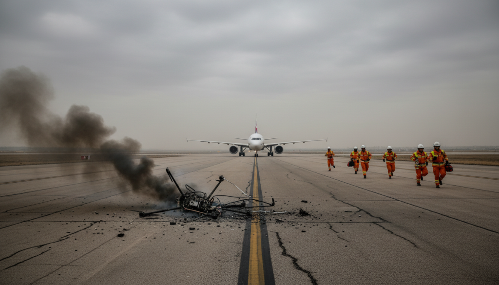 video. conflit au moyen-orient : après la reprise du trafic aérien ce samedi, un drone s'est écrasé sur l'aéroport, provoquant une interruption des vols.