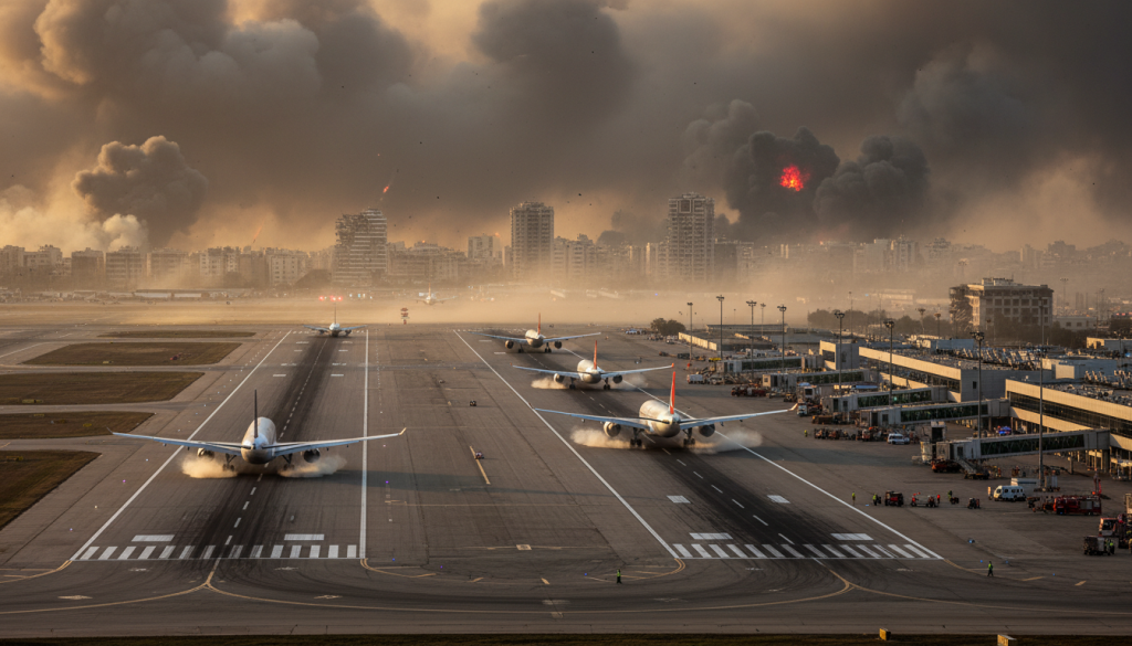 malgré les frappes israéliennes, l'aéroport de beyrouth maintient ses vols avec des avions qui continuent de décoller et d'atterrir, assurant la continuité des opérations aériennes.