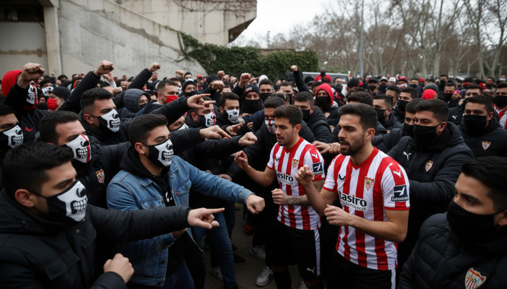 découvrez l'accueil intense réservé aux joueurs du séville fc par des supporters masqués et déterminés, dans une ambiance électrique et pleine de tensions.