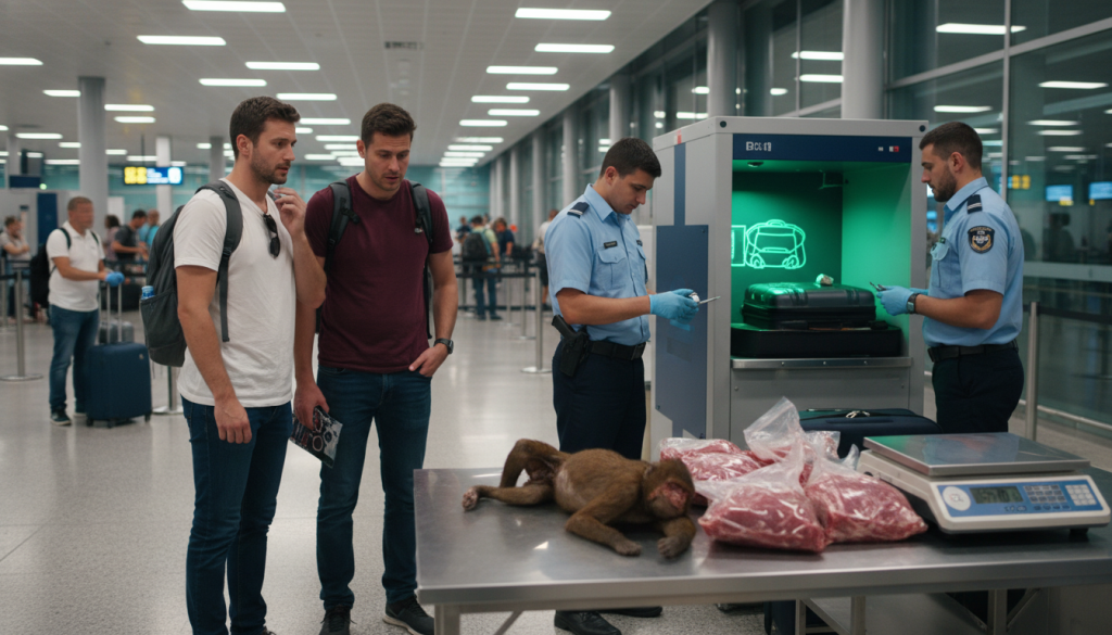 découverte spectaculaire à l'aéroport : une carcasse de singe et 57 kg de viande illégale saisis dans les bagages de deux passagers, suscitant une enquête approfondie.