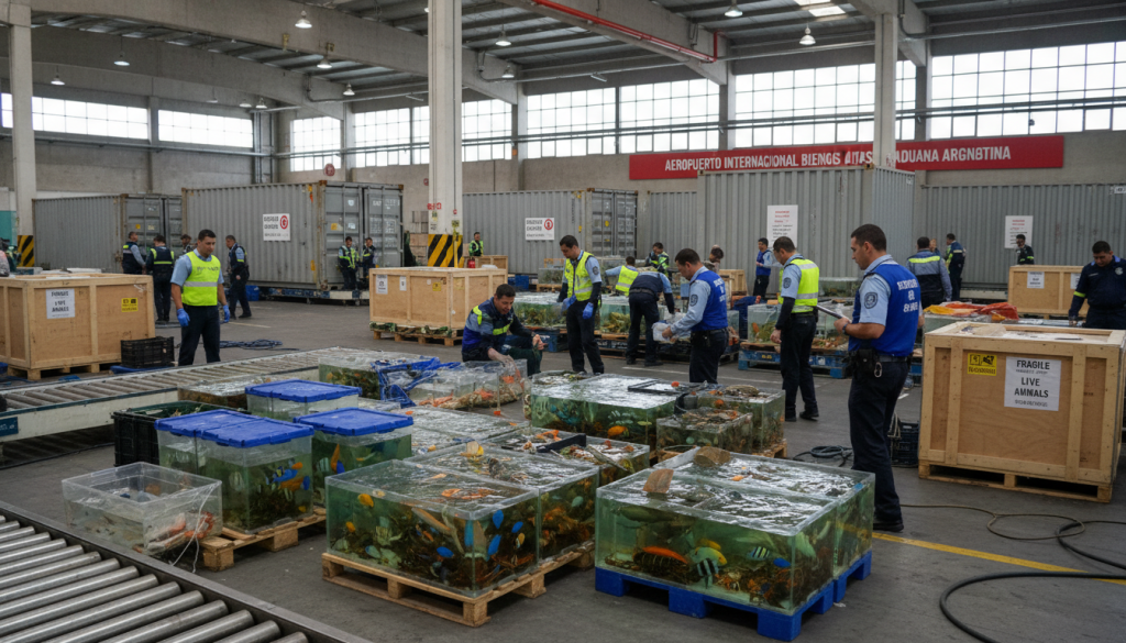 argentine : saisie impressionnante de 700 animaux marins importés illégalement du kenya à l'aéroport de buenos aires, mettant en lumière la lutte contre le trafic animalier.