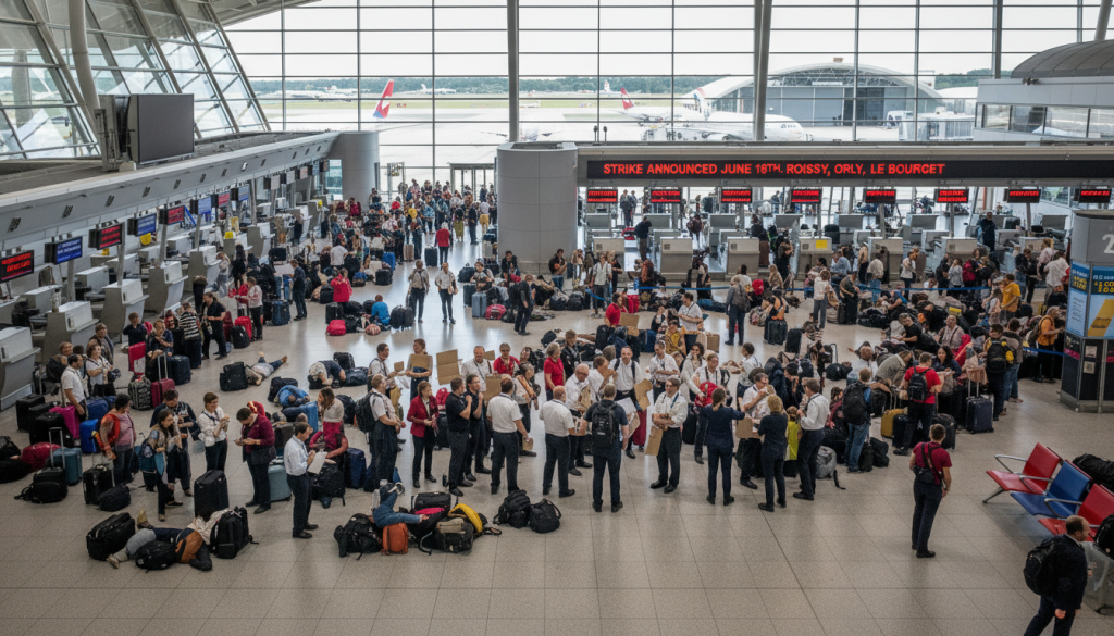 grève prévue le 18 juin dans les aéroports parisiens de roissy, orly et le bourget, entraînant des perturbations majeures dans les vols et les services aéroportuaires.