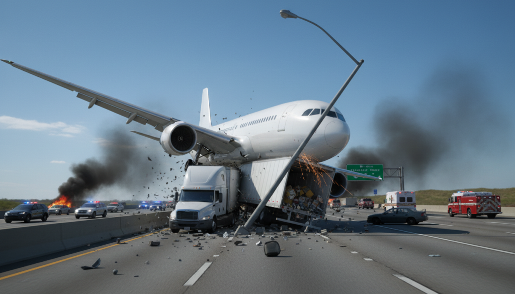 découvrez les détails d'une incroyable collision aux états-unis où un avion de ligne a percuté un camion et un lampadaire sur une autoroute, causant un incident spectaculaire.