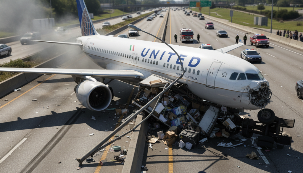 un avion de united airlines en provenance d’italie a percuté un camion et un lampadaire sur une autoroute, provoquant un incident majeur. découvrez les détails de cet événement.