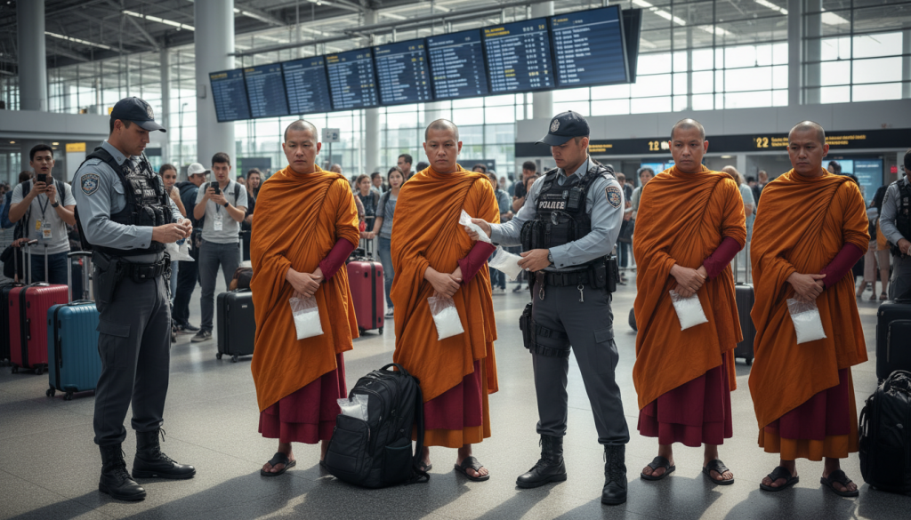 des moines bouddhistes ont été interpellés à l'aéroport lors d'une saisie historique de drogue, révélant que chacun dissimulait des substances illicites, suscitant une onde de choc dans la communauté.