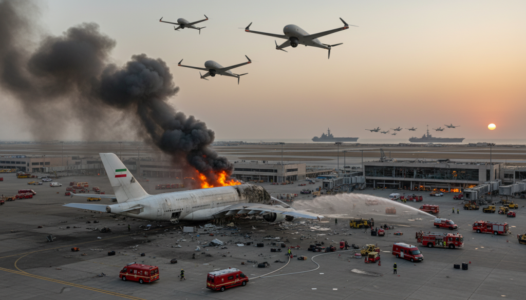 une attaque de drones iraniens a causé d'importants dégâts à l'aéroport du koweït, déclenchant des tensions armées croissantes entre les états-unis et l'iran.