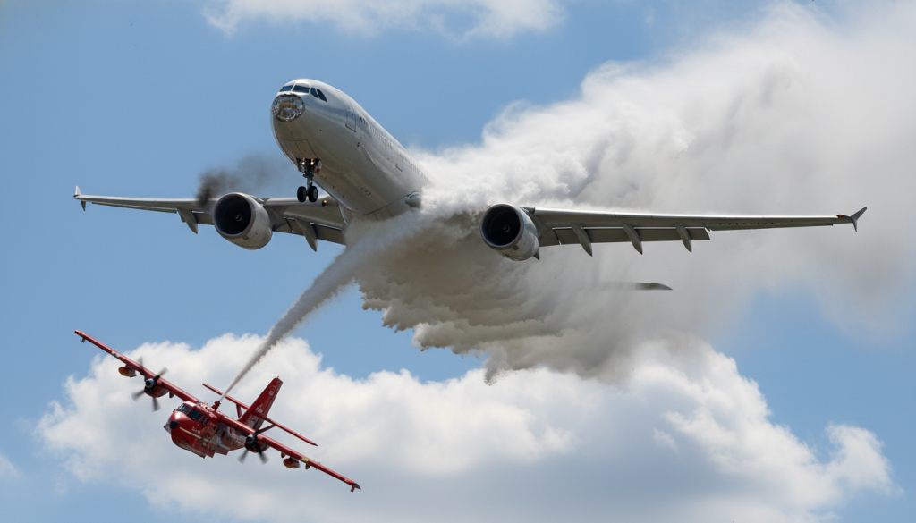 Un salut aérien détourné : un avion endommagé en plein vol par un jet d’eau des pompiers