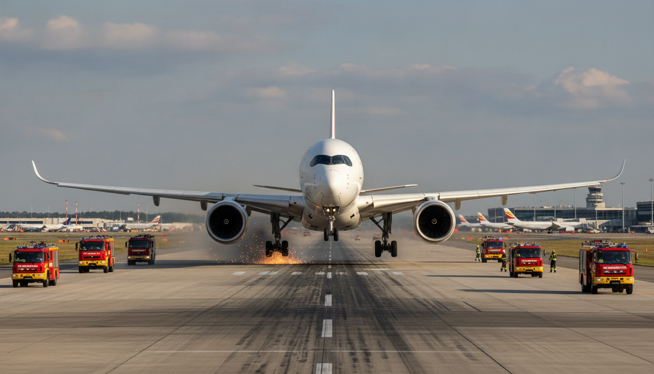 un avion iberia effectue un atterrissage d'urgence spectaculaire à l'aéroport suite à l'éclatement d'un pneu, provoquant une frayeur intense parmi les passagers et l'équipage.