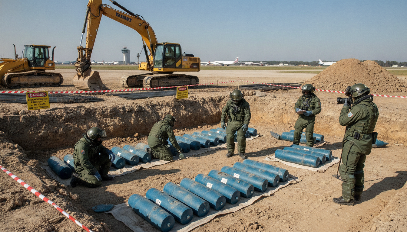 lors d'un chantier près de l'aéroport de caen, la découverte de 75 bombes d’entraînement a nécessité une intervention sécurisée pour garantir la sûreté des lieux et des habitants.