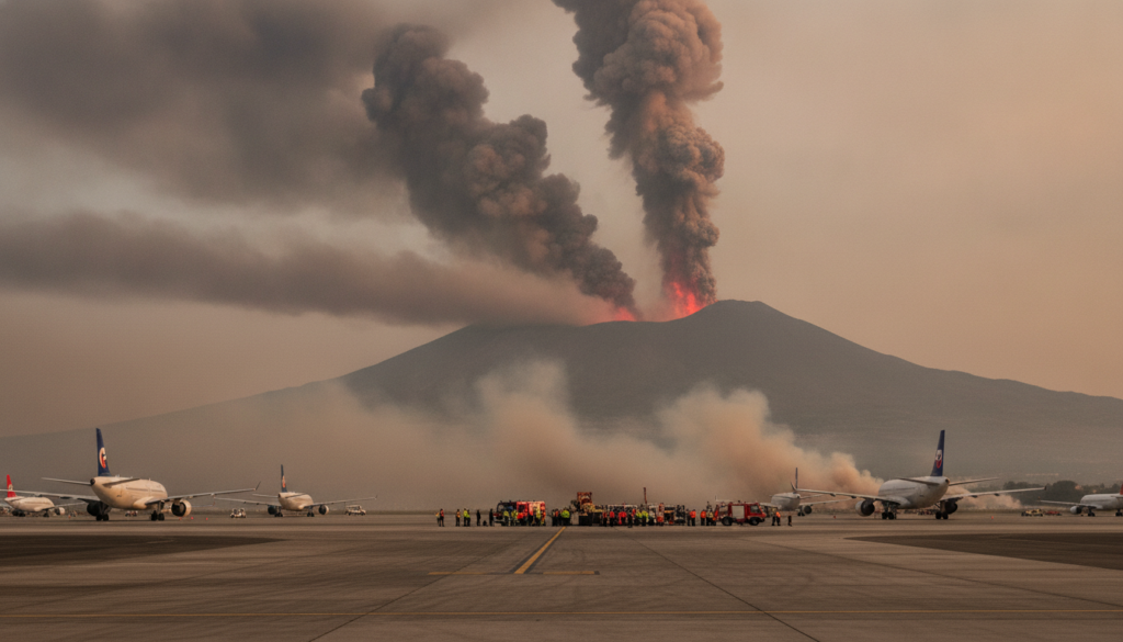l'aéroport local suspend temporairement ses vols en raison des fumées volcaniques de l'éruption de l’etna, impactant le trafic aérien et la sécurité des passagers.