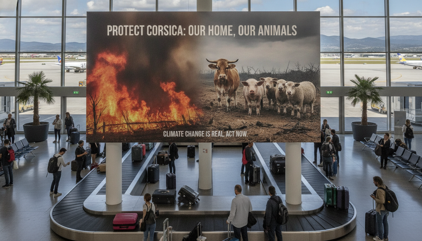 peta dénonce le rôle de l'élevage dans les incendies en corse à travers une campagne choc à l'aéroport d'ajaccio, sensibilisant le public aux conséquences environnementales.