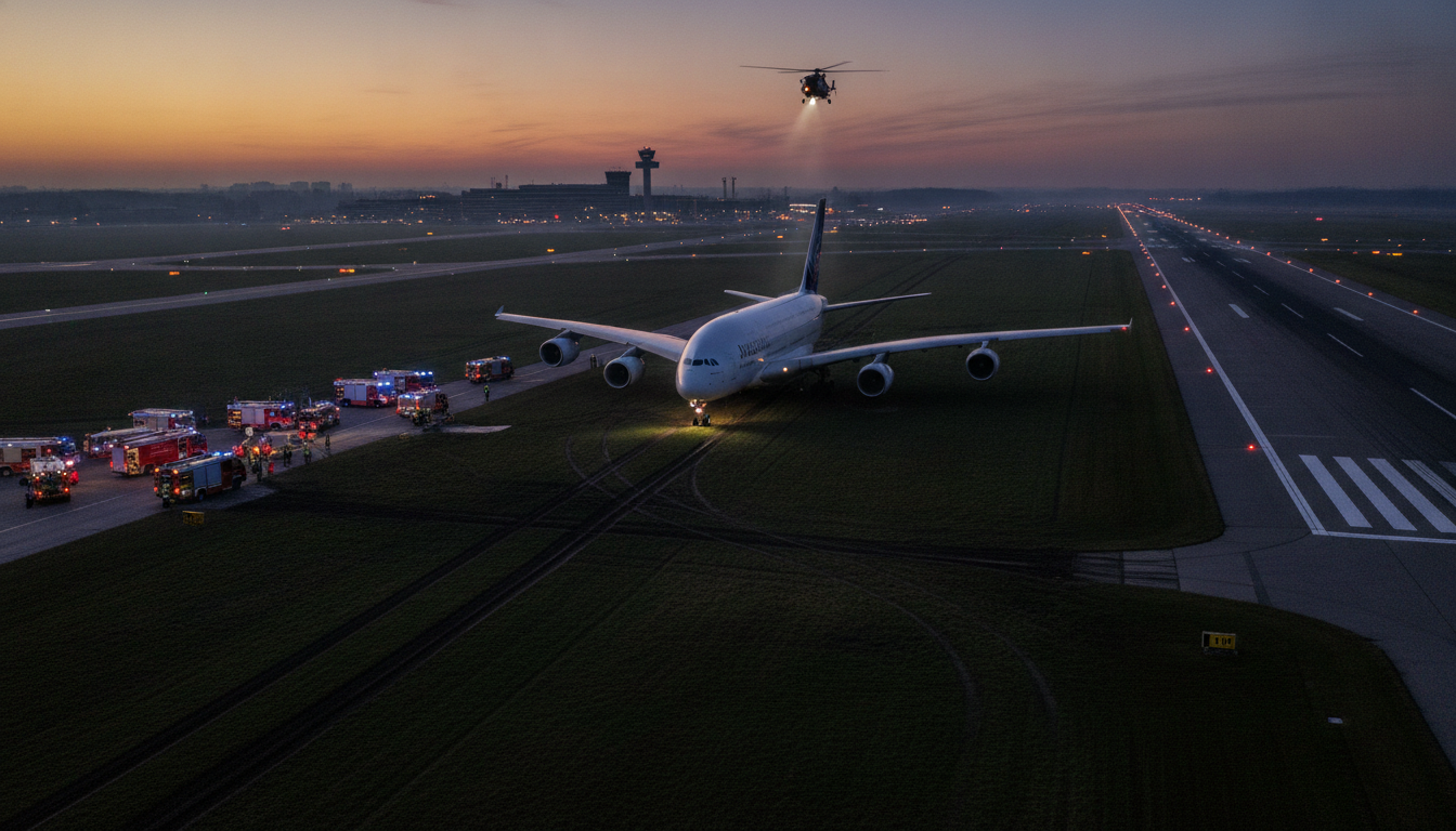 un airbus a380 a effectué un atterrissage en dehors de la piste à l'aéroport, provoquant un incident spectaculaire. une enquête approfondie est en cours pour en déterminer les causes.