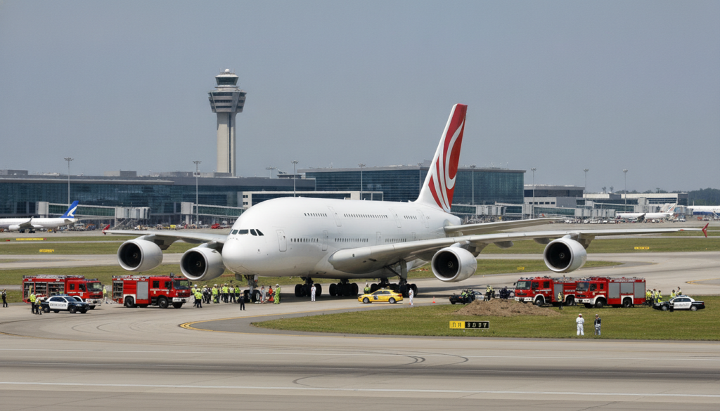 un airbus a380 réalise un atterrissage hors piste spectaculaire à l'aéroport, déclenchant une enquête approfondie pour déterminer les circonstances exactes de l'incident.
