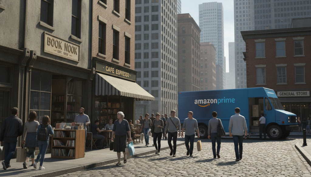 analyse des enjeux du commerce en centre-ville face à la concurrence d'amazon, avec un focus sur l'impact des 30 000 emplois créés et les conséquences pour odysseum.