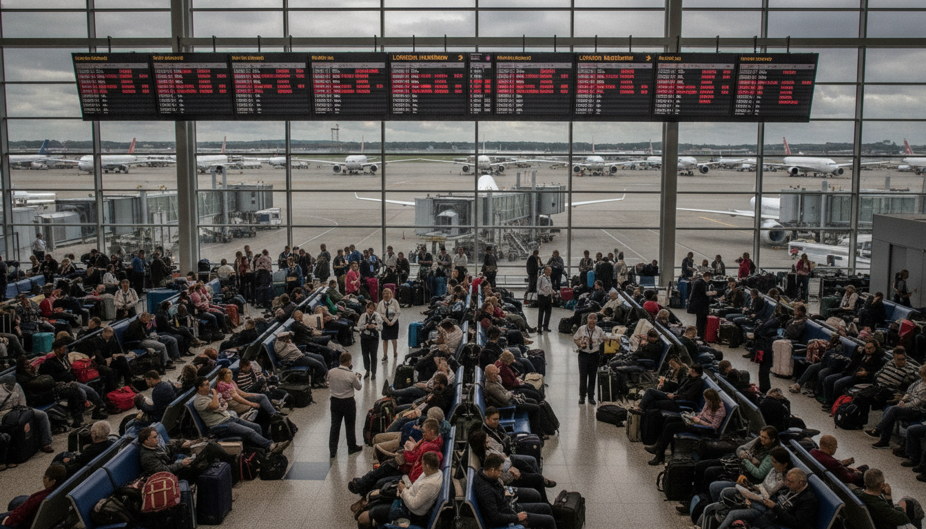 découvrez les détails du chaos à l'aéroport de londres-heathrow avec plus de mille vols annulés en raison d'une défaillance majeure du contrôle aérien, perturbant les voyages et provoquant des retards massifs.