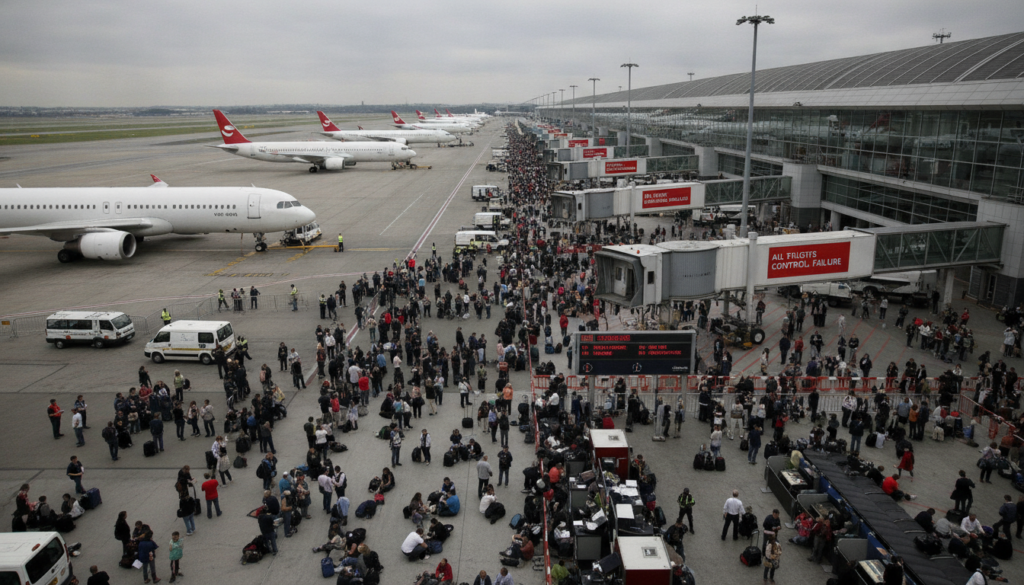 chaos à l'aéroport de londres-heathrow : plus de mille vols annulés en raison d'une défaillance majeure du contrôle aérien, provoquant d'importants retards et perturbations pour les voyageurs.