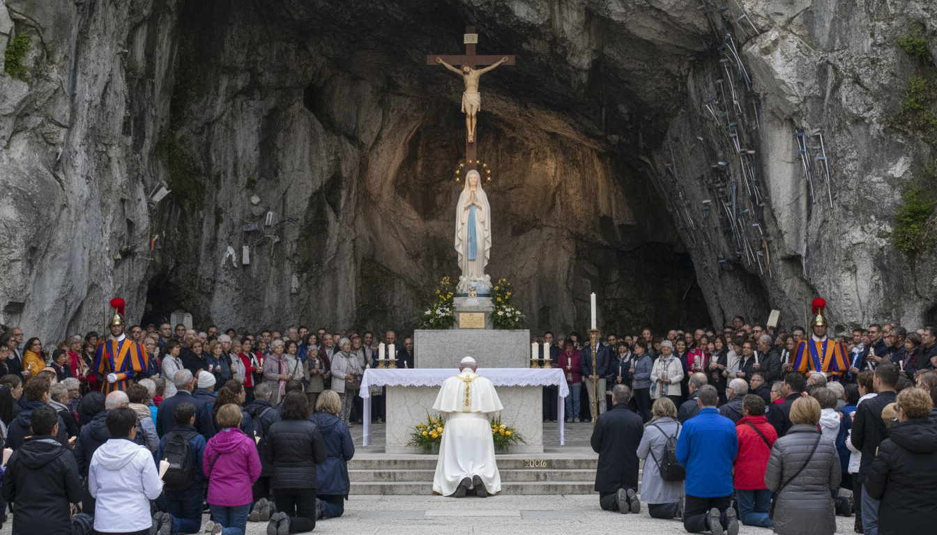 suivez en direct la visite historique de léon xiv en france, avec un moment émouvant où le pape prie devant la vierge marie dans la grotte sacrée de lourdes.