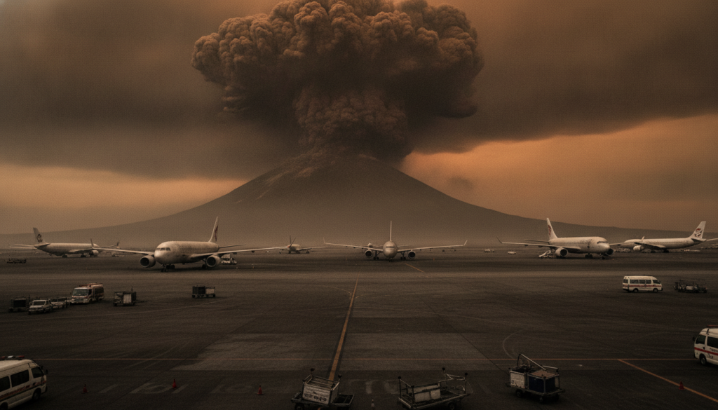 fermeture temporaire de l'aéroport de jakarta en raison de l'éruption spectaculaire de l'anak krakatoa en indonésie, impactant les vols et la sécurité aérienne.