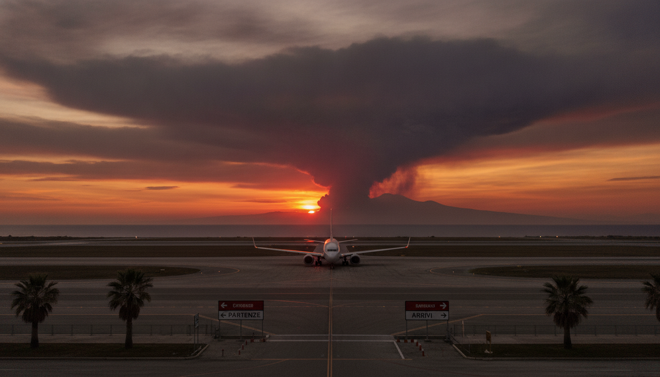 l'aéroport de catane en sicile est fermé en raison des nuages de cendres volcaniques émanant de l'etna, perturbant les vols et les déplacements dans la région.