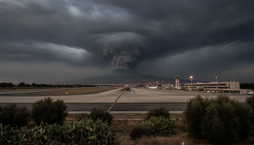 fermeture temporaire de l'aéroport de catane en sicile en raison des nuages de cendres volcaniques émis par l'etna, impactant les vols et la sécurité aérienne.