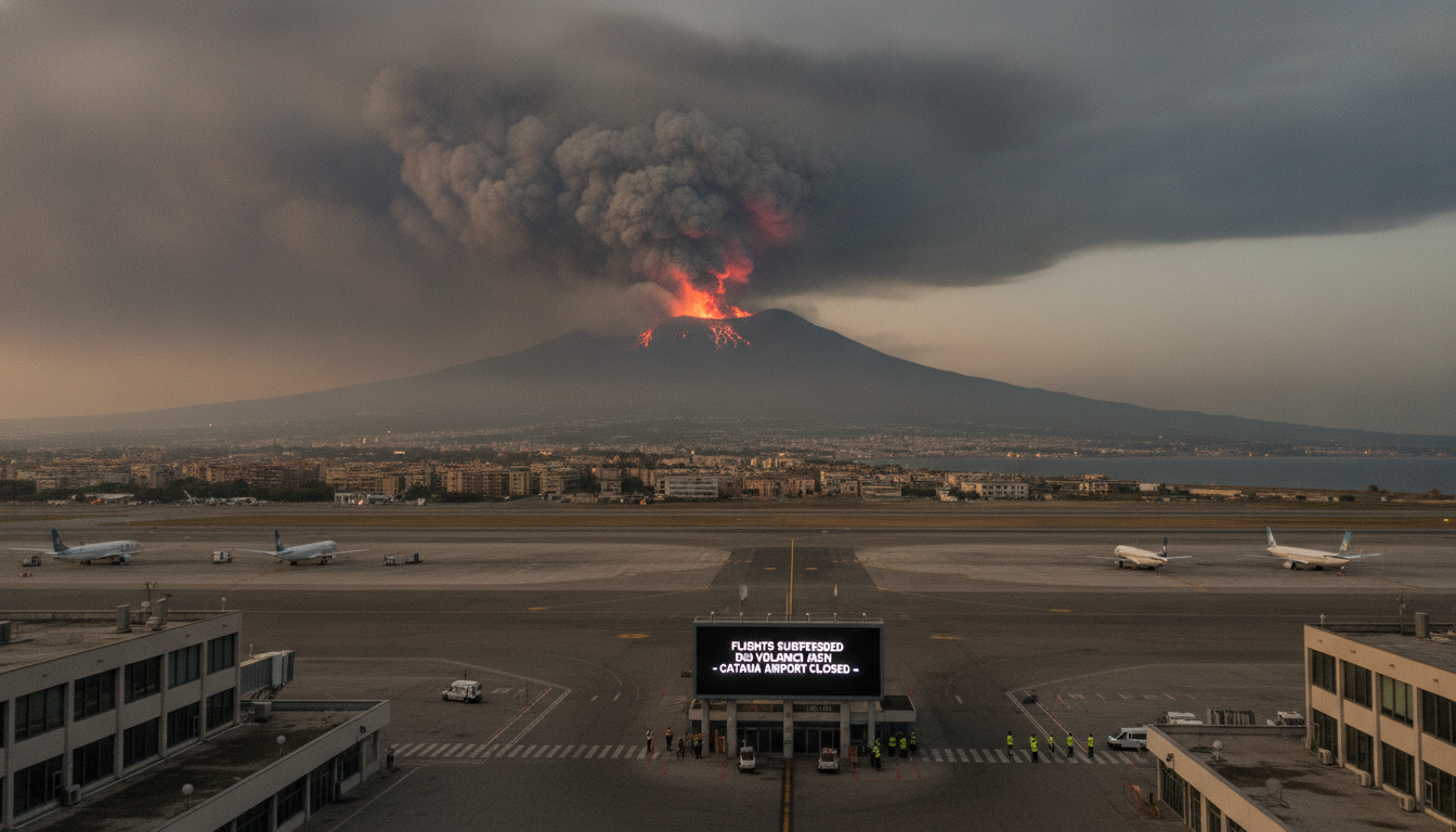 l’aéroport de catane est de nouveau fermé en raison des retombées de cendres volcaniques provenant de l’etna, perturbant les vols et les déplacements aériens.