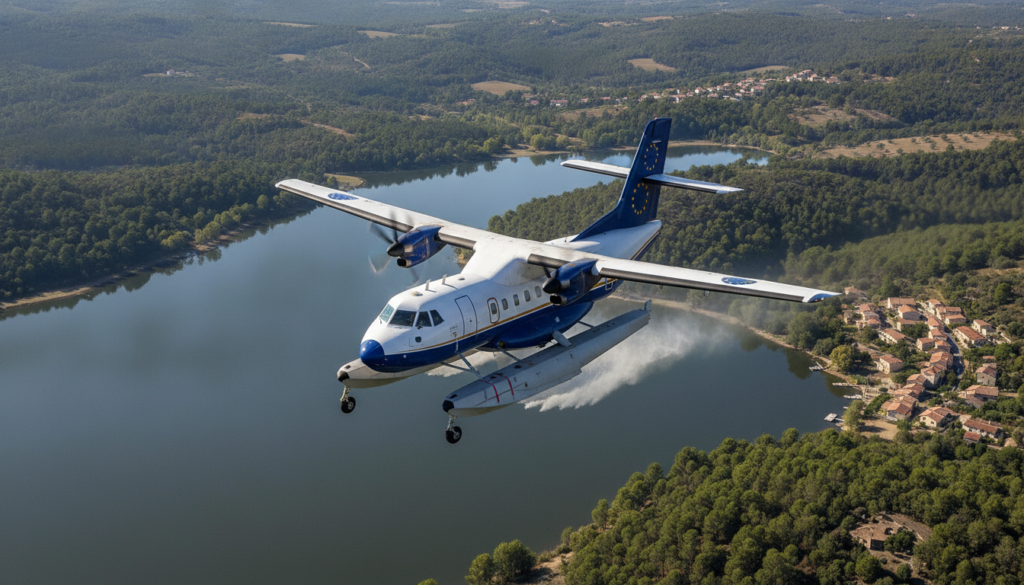 Visite de l&rsquo;Union européenne et de la région Occitanie sur l&rsquo;ATR 72 reconverti en bombardier d&rsquo;eau amphibie