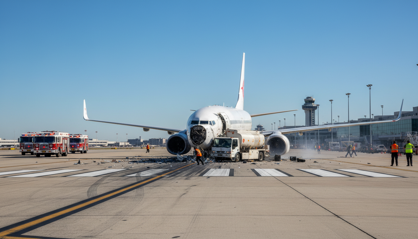un avion et un véhicule sont entrés en collision sur la piste d'atterrissage de l'aéroport laguardia à new york, provoquant des perturbations et une enquête en cours.